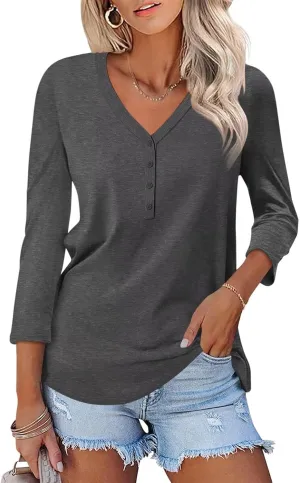 Minetom Women's V Neck 3/4 Sleeve Tops Casual Shirts Basic Summer Tees