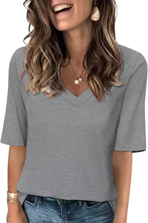 Minetom Women's V Neck T Shirts Casual Half Sleeve Tops Basic Summer Tees