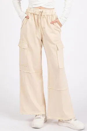 Mittoshop Mineral Wash Elastic Waist Cargo Wide Leg Pants