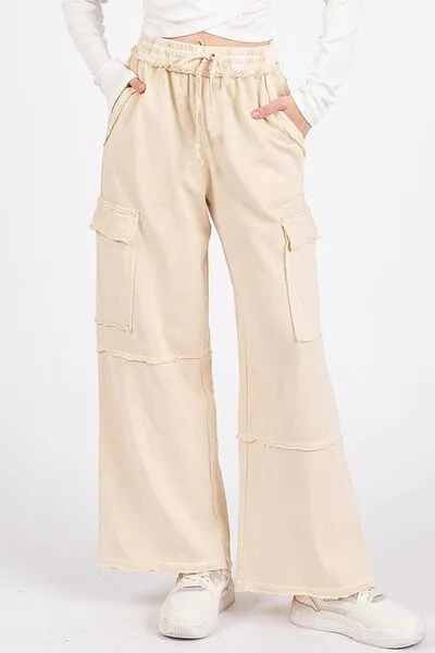 Mittoshop Mineral Wash Elastic Waist Cargo Wide Leg Pants