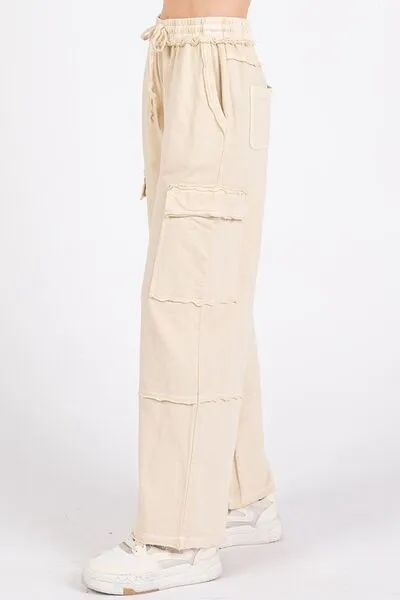 Mittoshop Mineral Wash Elastic Waist Cargo Wide Leg Pants