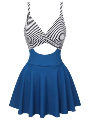 Multicolor 1930s Stripe Skirted One-piece Swimsuit