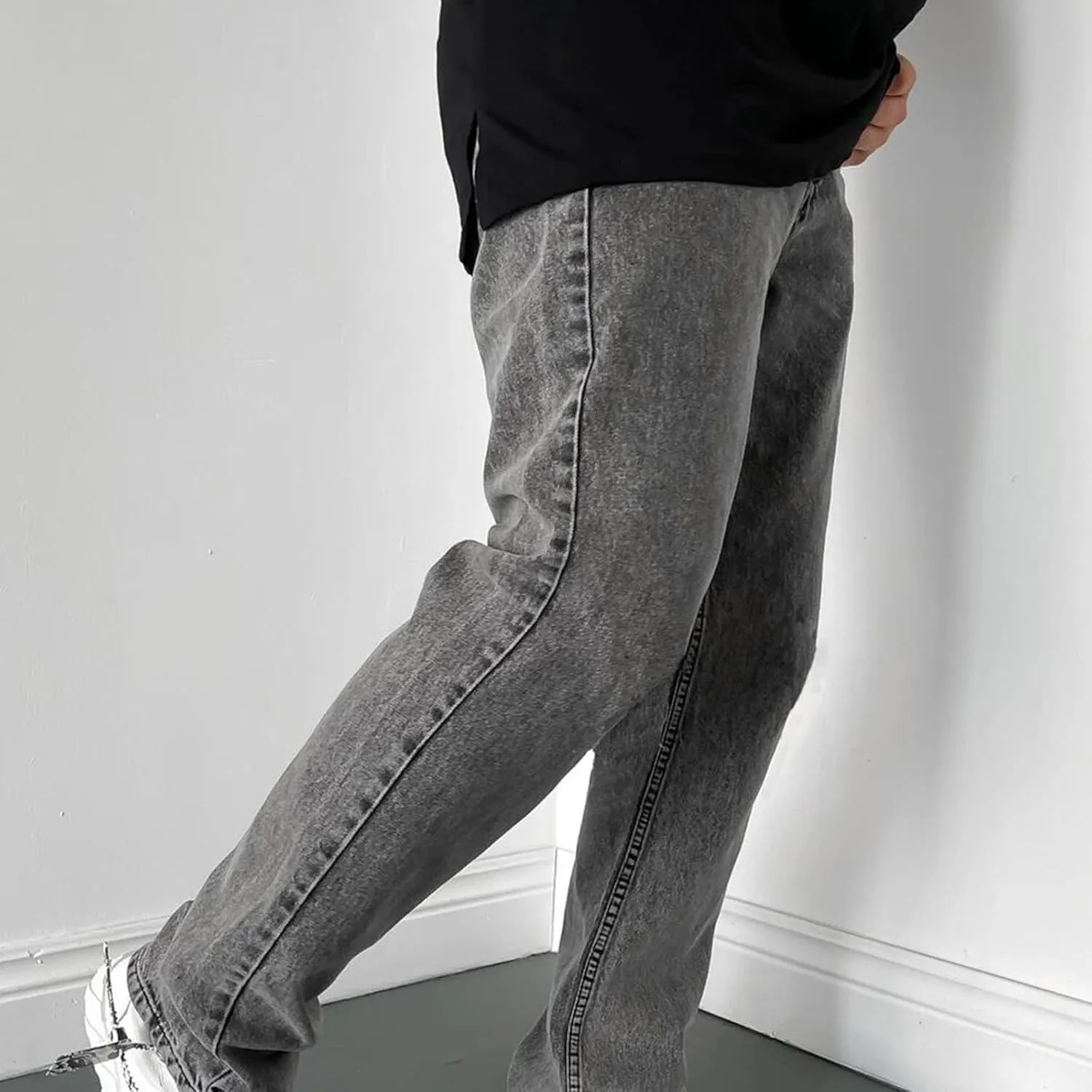 Muscularfit Cotton Pants for Men Fashion Buckle Zipper Flat Front Solid Jean Pants Casual Loose Straight Ripped Hole Trousers