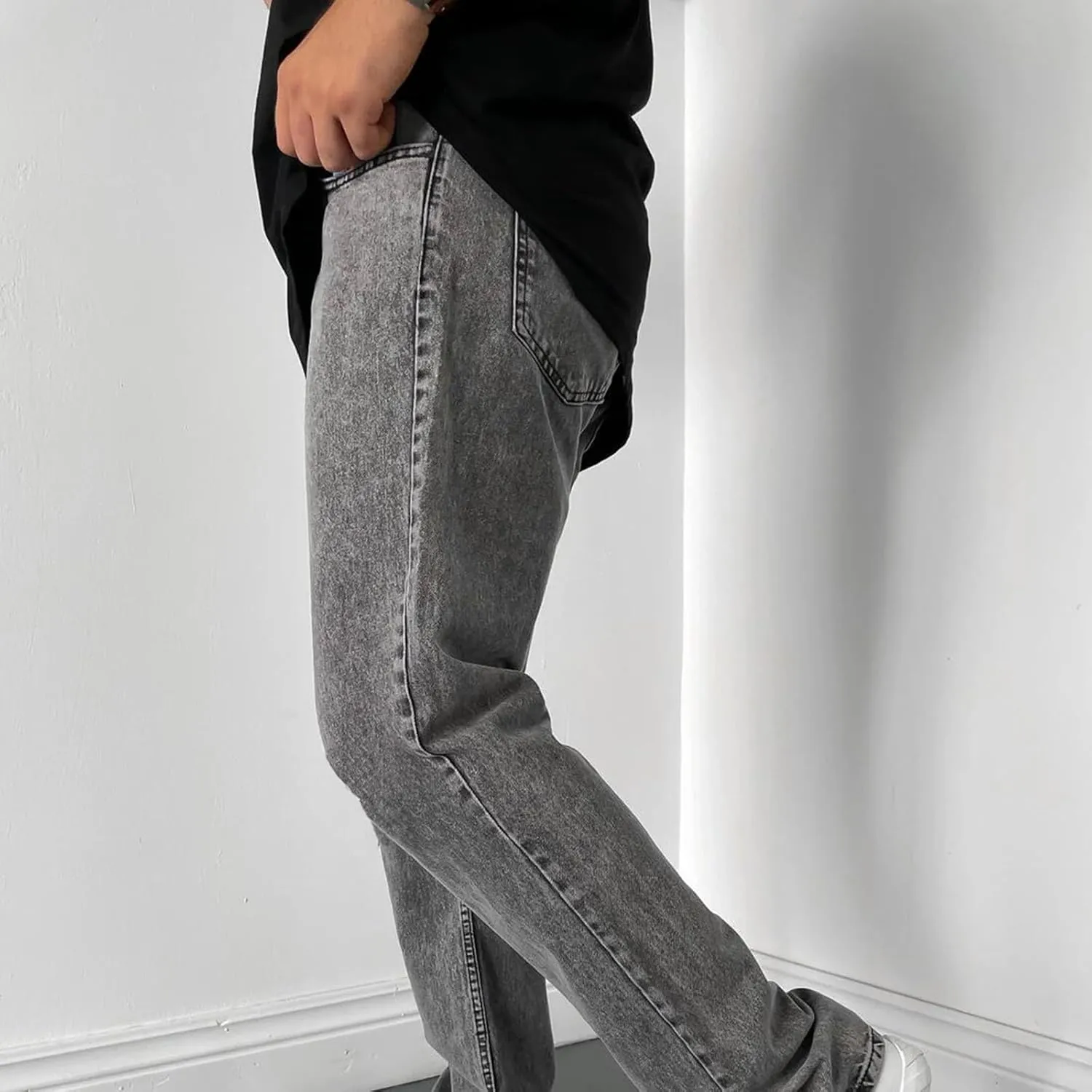 Muscularfit Cotton Pants for Men Fashion Buckle Zipper Flat Front Solid Jean Pants Casual Loose Straight Ripped Hole Trousers