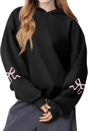 NBXNZWF Womens Bow Graphic Hoodies Oversized Long Sleeve Hooded Sweatshirts Drop Shoulder Cute Y2k Teen Girls Pullover Top