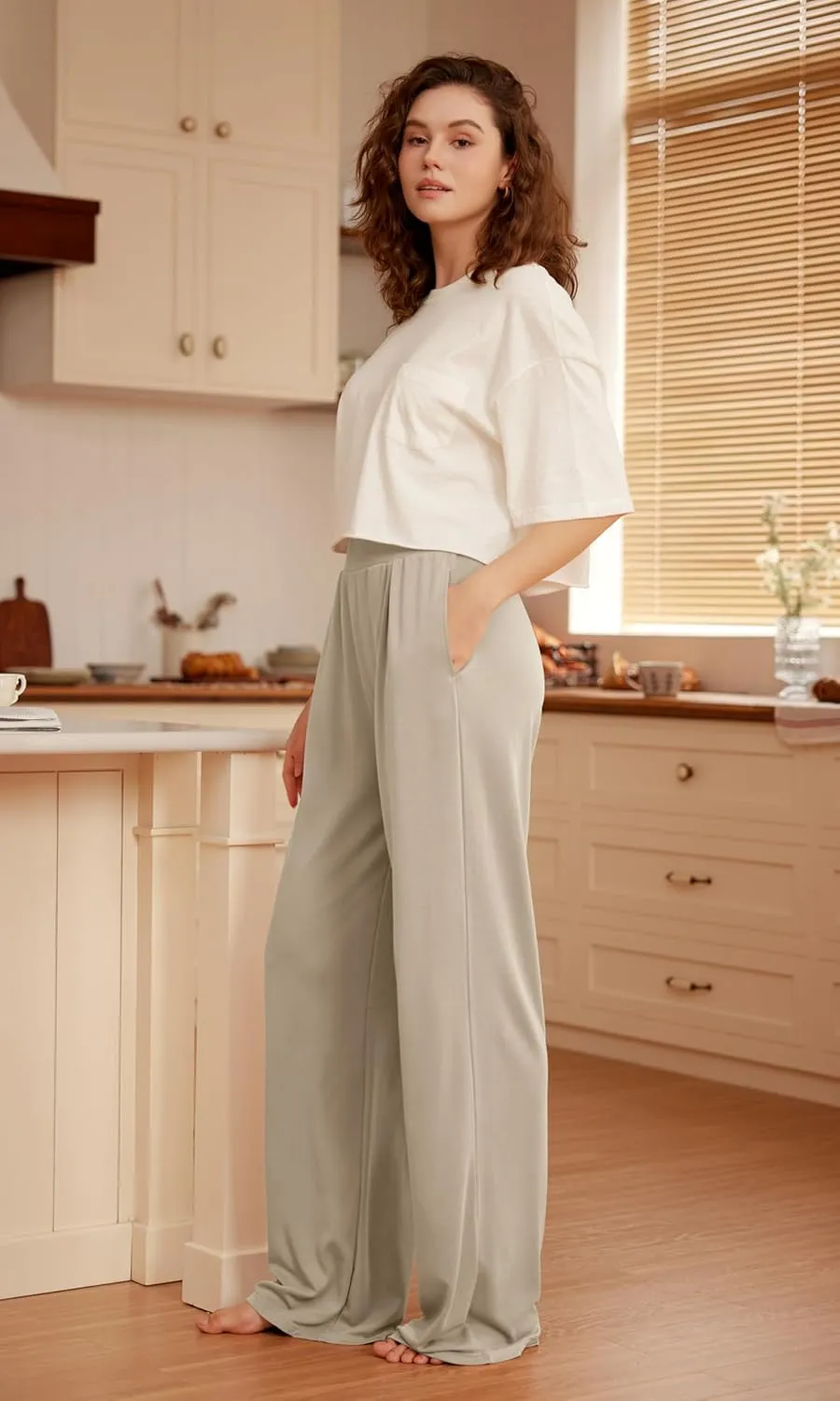 ODODOS Drapey Soft Wide Leg Pants for Women High Waist Casual Relaxed Lounge Pants with Pockets-29 Inseam