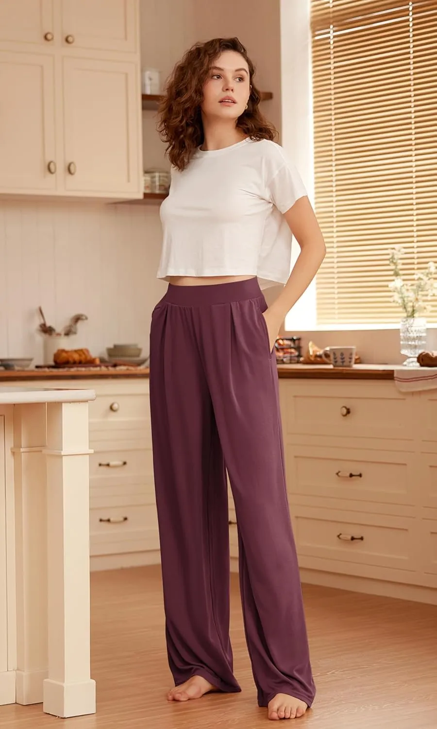 ODODOS Drapey Soft Wide Leg Pants for Women High Waist Casual Relaxed Lounge Pants with Pockets-29 Inseam