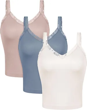 ODODOS Lace Trim Seamless Top for Women Ribbed Soft V Neck Cami Tank Tops