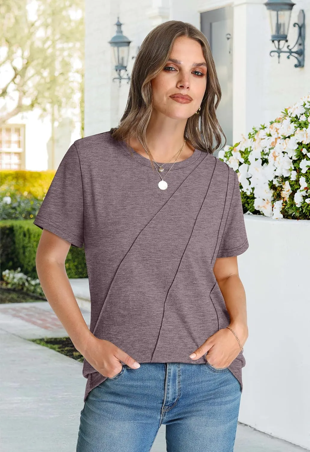 OFEEFAN Shirts for Women Short Sleeve Tops Pleated Crew Neck Casual Summer Fashion Tops Loose Fit