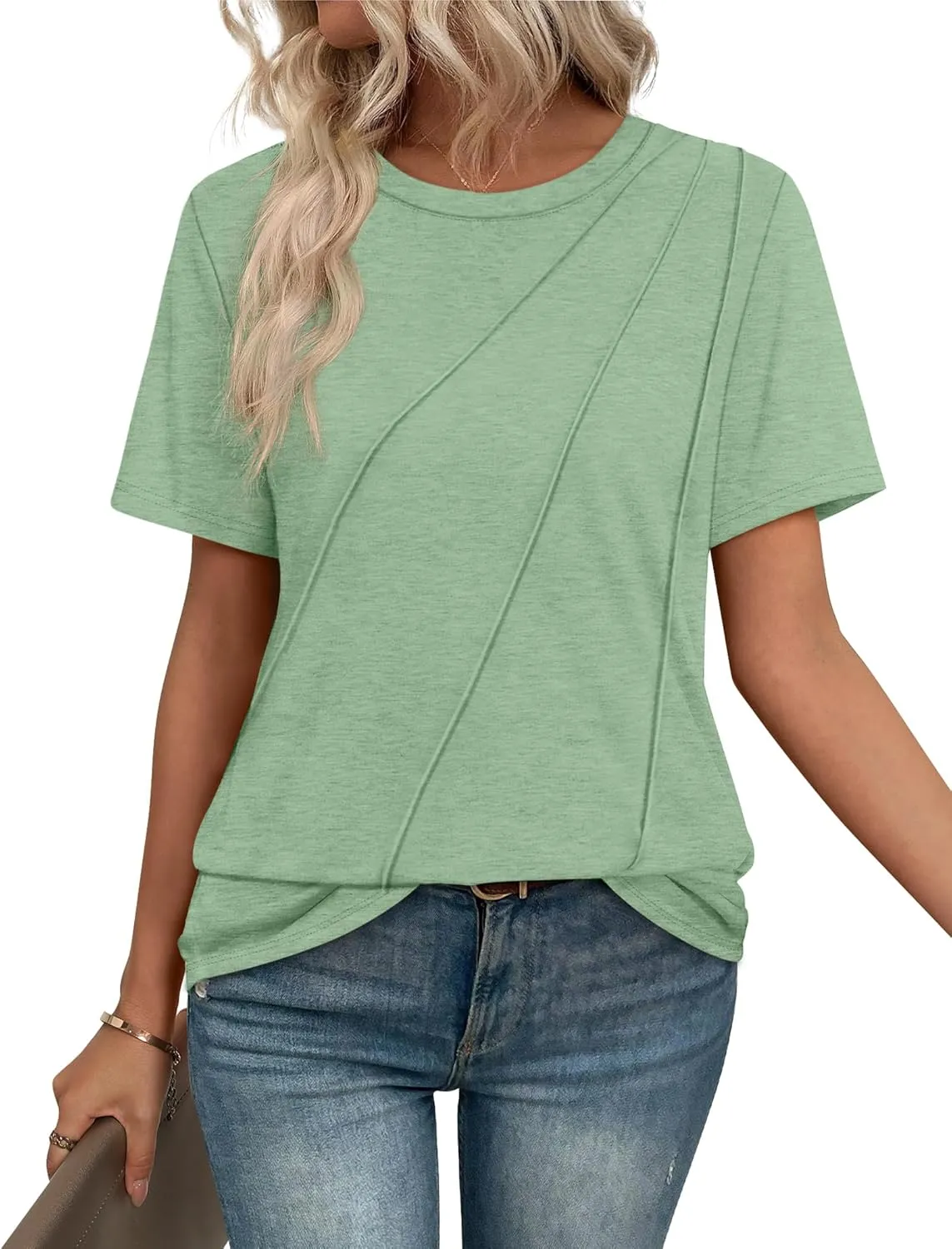 OFEEFAN Shirts for Women Short Sleeve Tops Pleated Crew Neck Casual Summer Fashion Tops Loose Fit