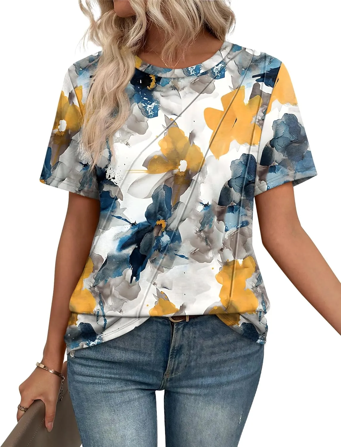 OFEEFAN Shirts for Women Short Sleeve Tops Pleated Crew Neck Casual Summer Fashion Tops Loose Fit