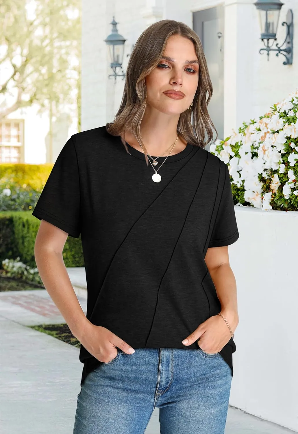 OFEEFAN Shirts for Women Short Sleeve Tops Pleated Crew Neck Casual Summer Fashion Tops Loose Fit