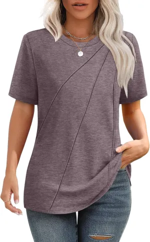 OFEEFAN Shirts for Women Short Sleeve Tops Pleated Crew Neck Casual Summer Fashion Tops Loose Fit