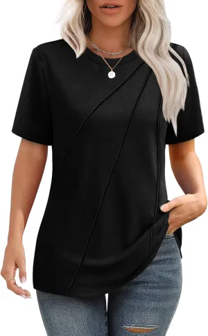 OFEEFAN Shirts for Women Short Sleeve Tops Pleated Crew Neck Casual Summer Fashion Tops Loose Fit