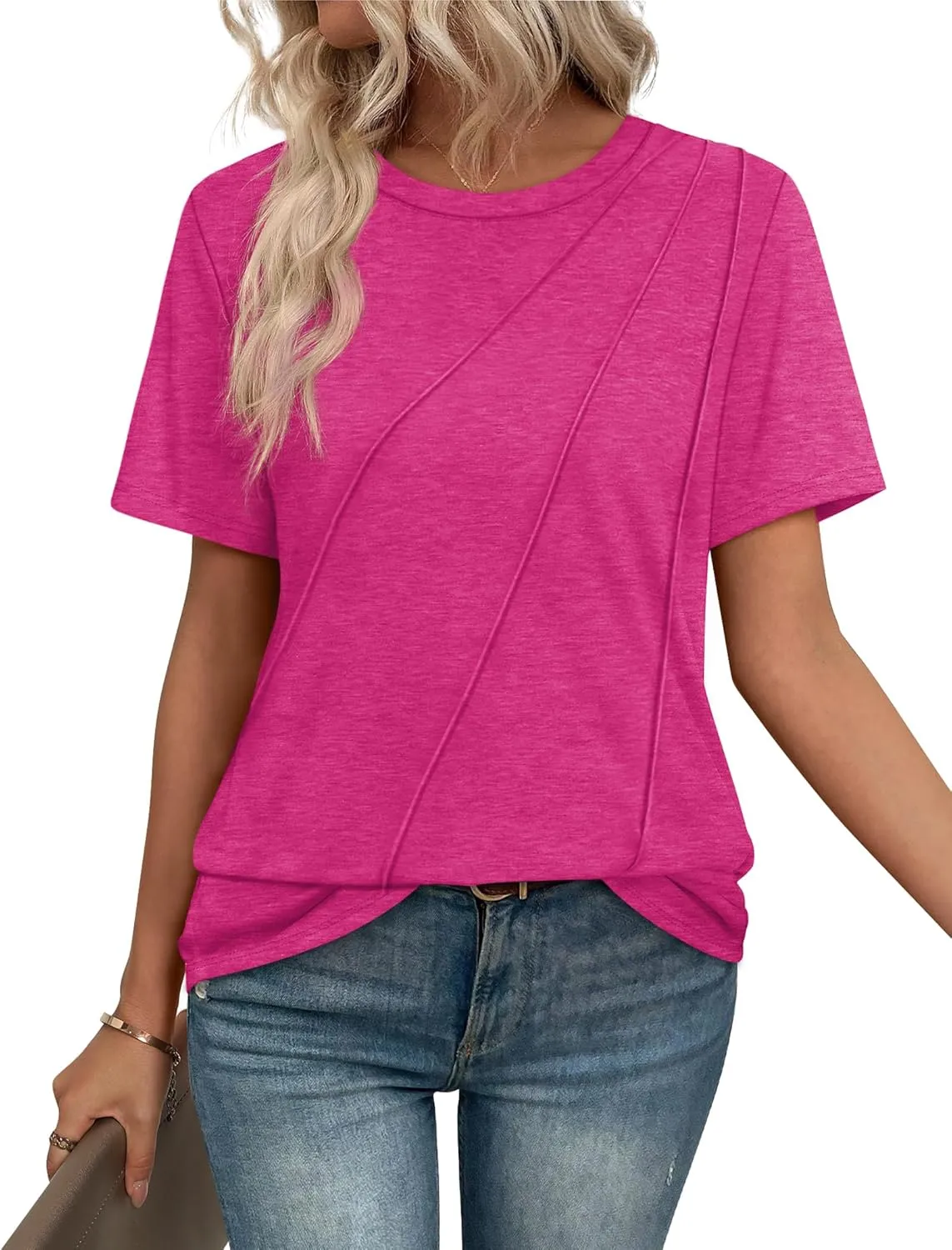 OFEEFAN Shirts for Women Short Sleeve Tops Pleated Crew Neck Casual Summer Fashion Tops Loose Fit