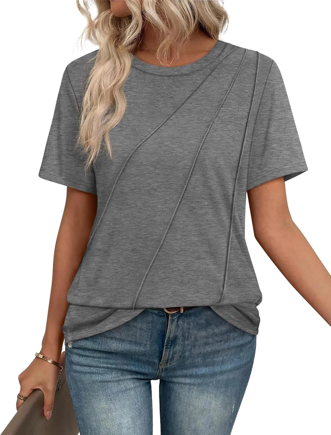 OFEEFAN Shirts for Women Short Sleeve Tops Pleated Crew Neck Casual Summer Fashion Tops Loose Fit