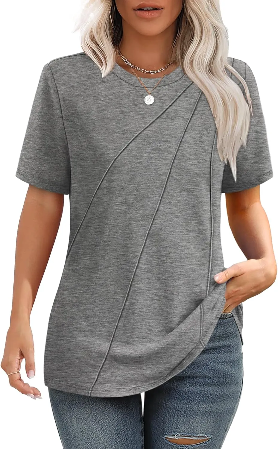 OFEEFAN Shirts for Women Short Sleeve Tops Pleated Crew Neck Casual Summer Fashion Tops Loose Fit