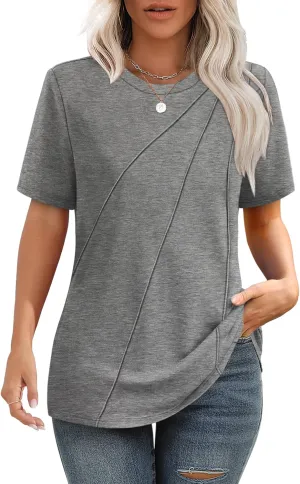 OFEEFAN Shirts for Women Short Sleeve Tops Pleated Crew Neck Casual Summer Fashion Tops Loose Fit