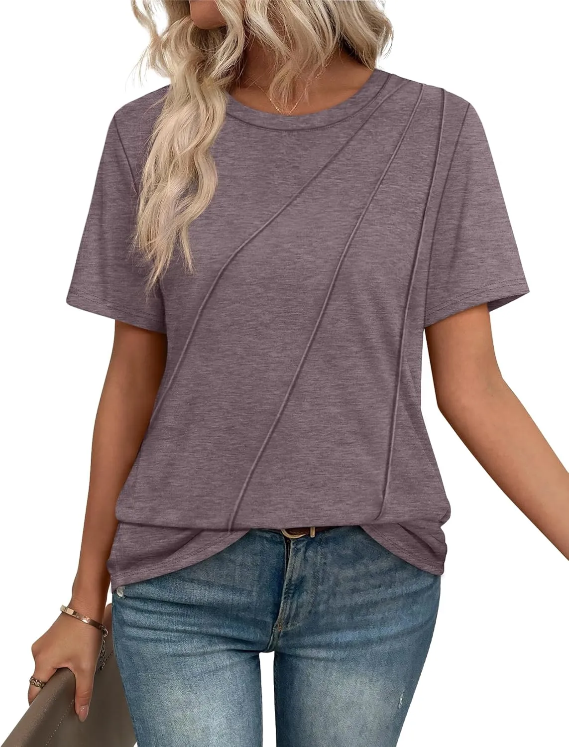 OFEEFAN Shirts for Women Short Sleeve Tops Pleated Crew Neck Casual Summer Fashion Tops Loose Fit