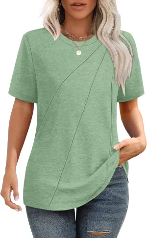 OFEEFAN Shirts for Women Short Sleeve Tops Pleated Crew Neck Casual Summer Fashion Tops Loose Fit