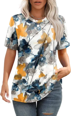 OFEEFAN Shirts for Women Short Sleeve Tops Pleated Crew Neck Casual Summer Fashion Tops Loose Fit