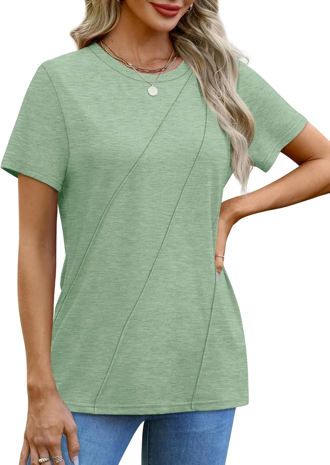 OFEEFAN Shirts for Women Short Sleeve Tops Pleated Crew Neck Casual Summer Fashion Tops Loose Fit