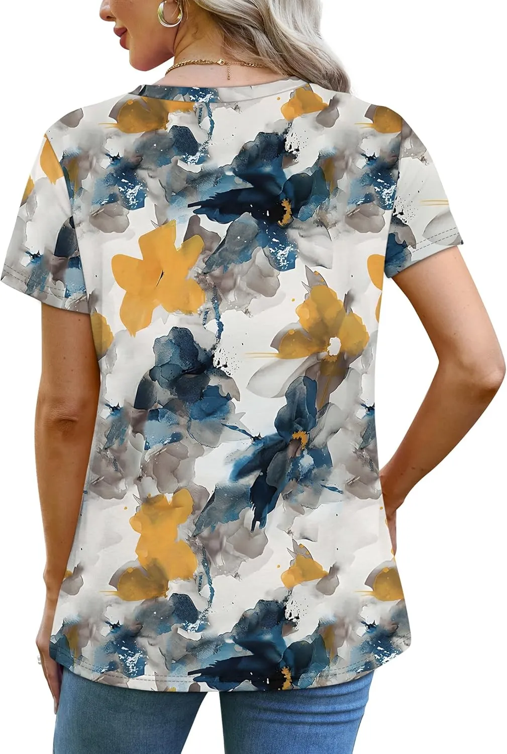 OFEEFAN Shirts for Women Short Sleeve Tops Pleated Crew Neck Casual Summer Fashion Tops Loose Fit