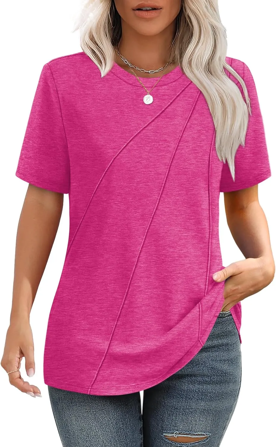 OFEEFAN Shirts for Women Short Sleeve Tops Pleated Crew Neck Casual Summer Fashion Tops Loose Fit