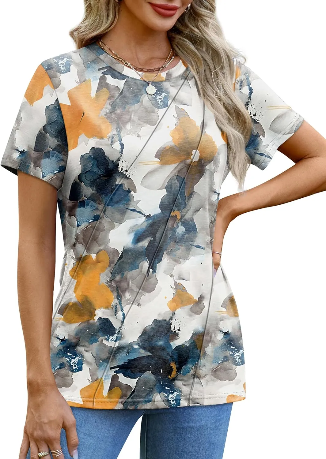 OFEEFAN Shirts for Women Short Sleeve Tops Pleated Crew Neck Casual Summer Fashion Tops Loose Fit