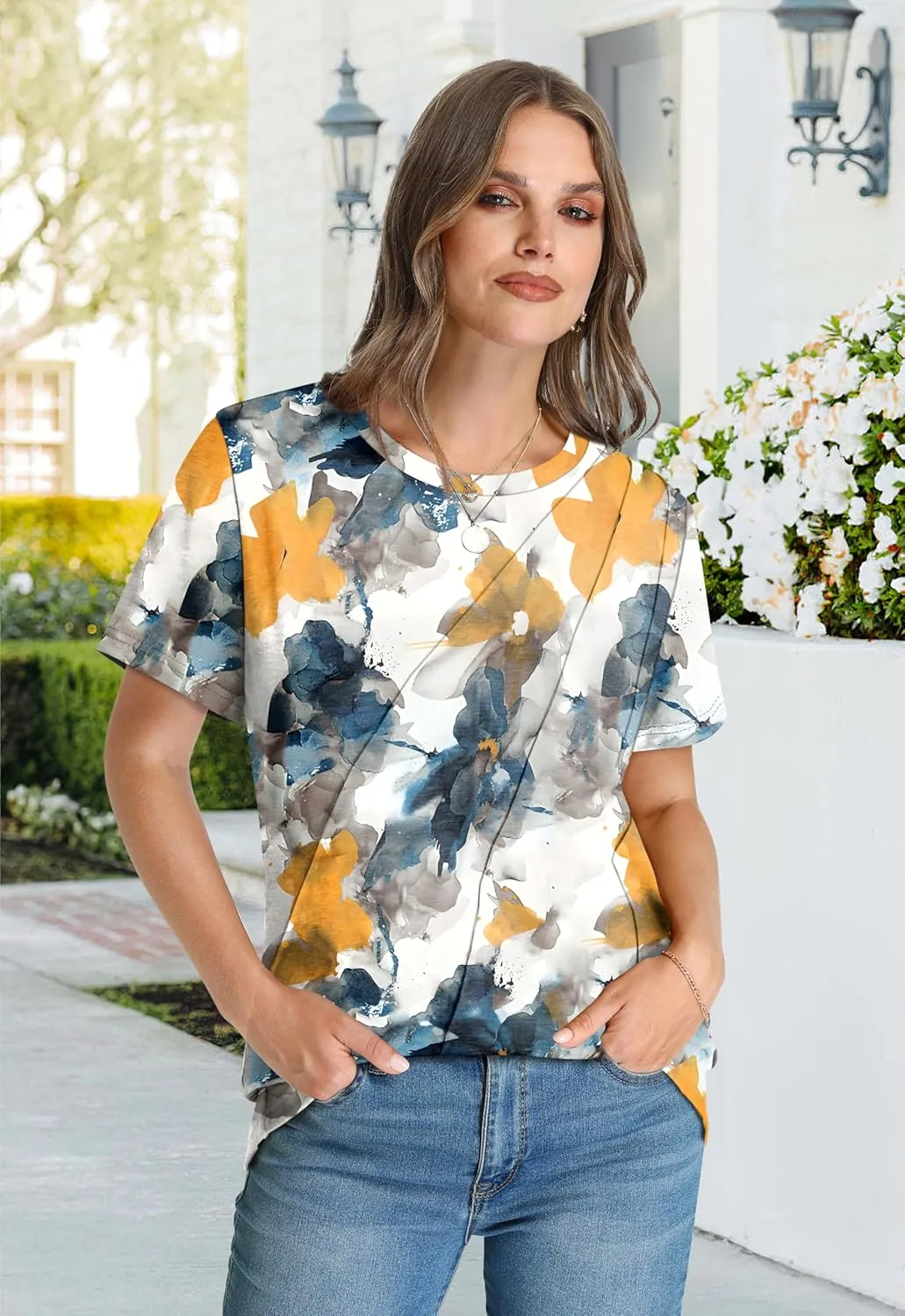 OFEEFAN Shirts for Women Short Sleeve Tops Pleated Crew Neck Casual Summer Fashion Tops Loose Fit