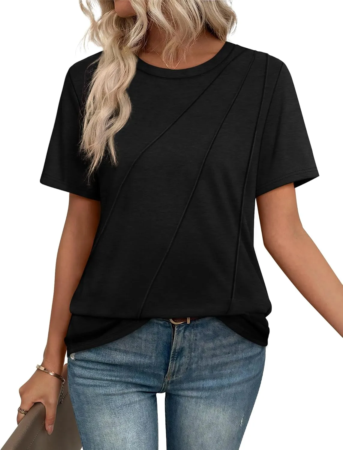 OFEEFAN Shirts for Women Short Sleeve Tops Pleated Crew Neck Casual Summer Fashion Tops Loose Fit
