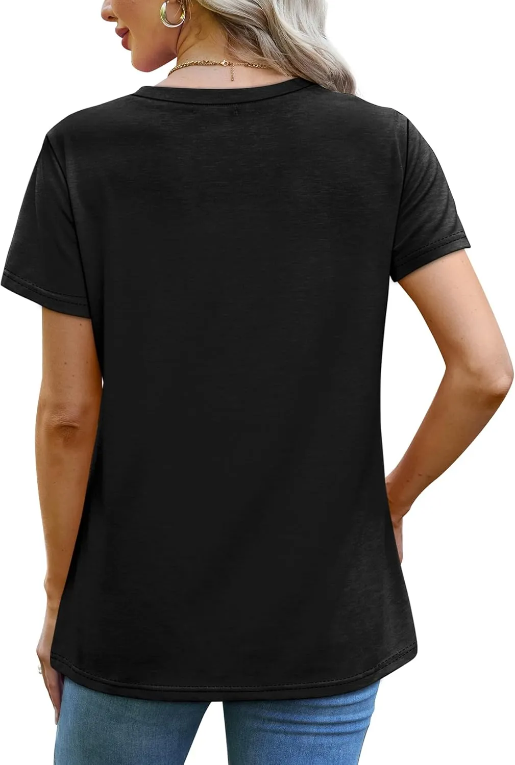 OFEEFAN Shirts for Women Short Sleeve Tops Pleated Crew Neck Casual Summer Fashion Tops Loose Fit