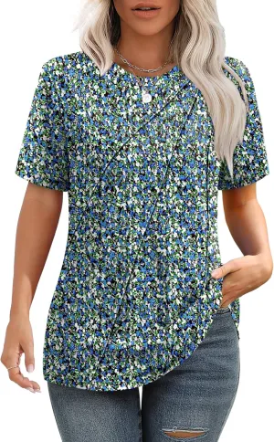 OFEEFAN Shirts for Women Short Sleeve Tops Pleated Crew Neck Casual Summer Fashion Tops Loose Fit