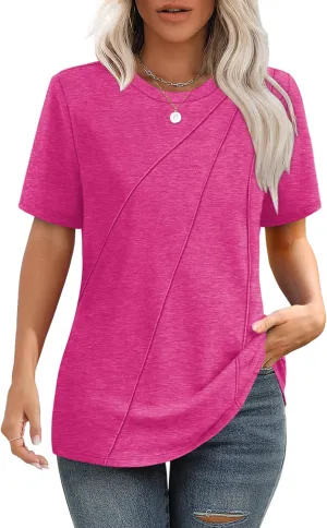 OFEEFAN Shirts for Women Short Sleeve Tops Pleated Crew Neck Casual Summer Fashion Tops Loose Fit