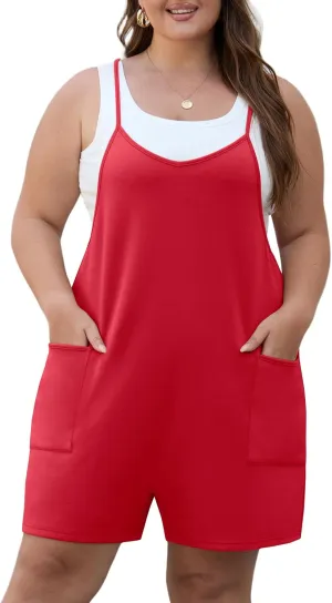 OLRIK Womens 2025 Summer Plus Size Romper Adjustable Spaghetti Strap Jumpsuits With Pockets Sleeveless Casual Overall Shorts