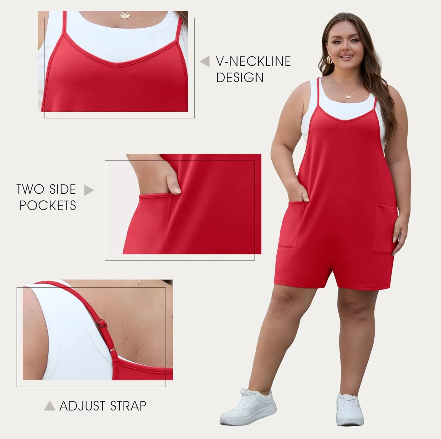 OLRIK Womens 2025 Summer Plus Size Romper Adjustable Spaghetti Strap Jumpsuits With Pockets Sleeveless Casual Overall Shorts