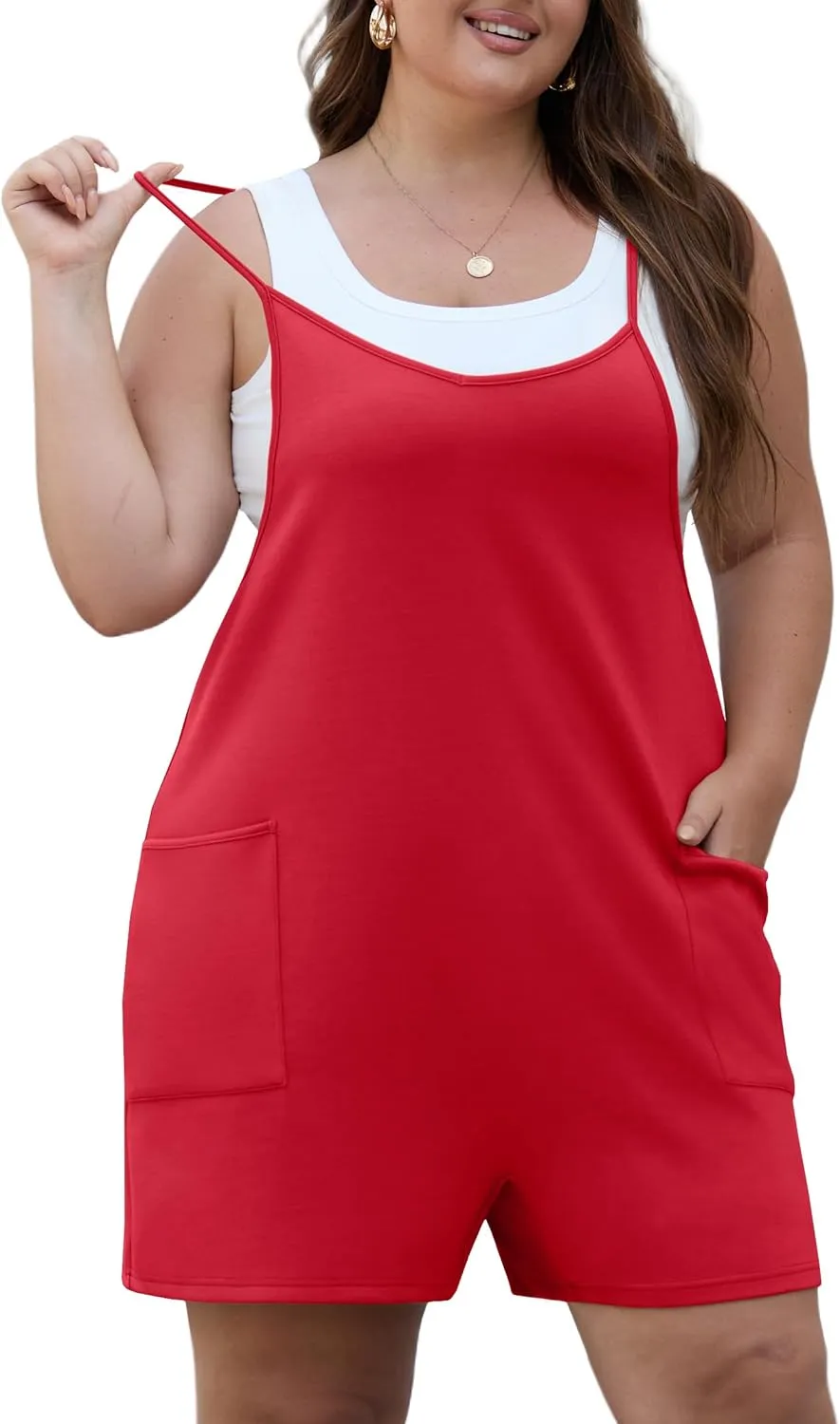 OLRIK Womens 2025 Summer Plus Size Romper Adjustable Spaghetti Strap Jumpsuits With Pockets Sleeveless Casual Overall Shorts