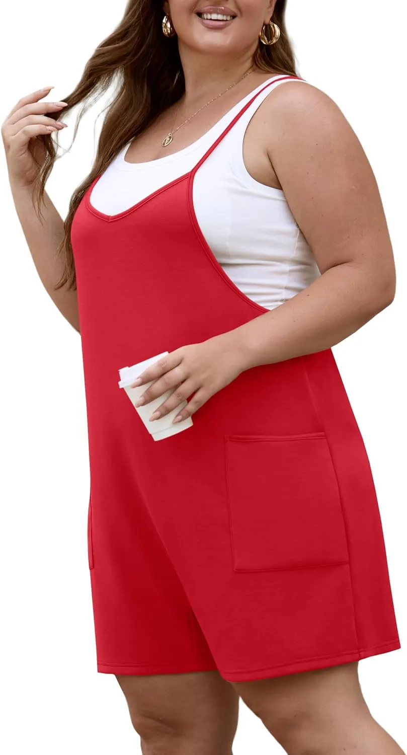 OLRIK Womens 2025 Summer Plus Size Romper Adjustable Spaghetti Strap Jumpsuits With Pockets Sleeveless Casual Overall Shorts