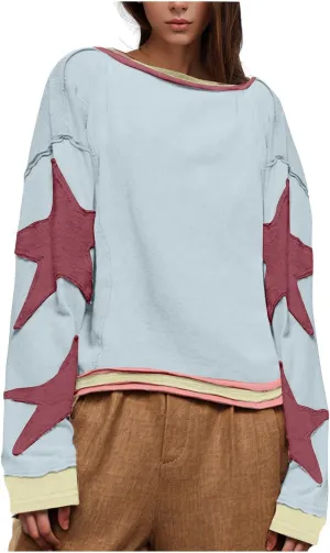 Oversized Sweatshirt for Women Lantern Sleeve Star Pullover Crewneck Corded Shirts Fashion Fall Outfits Trendy 2024