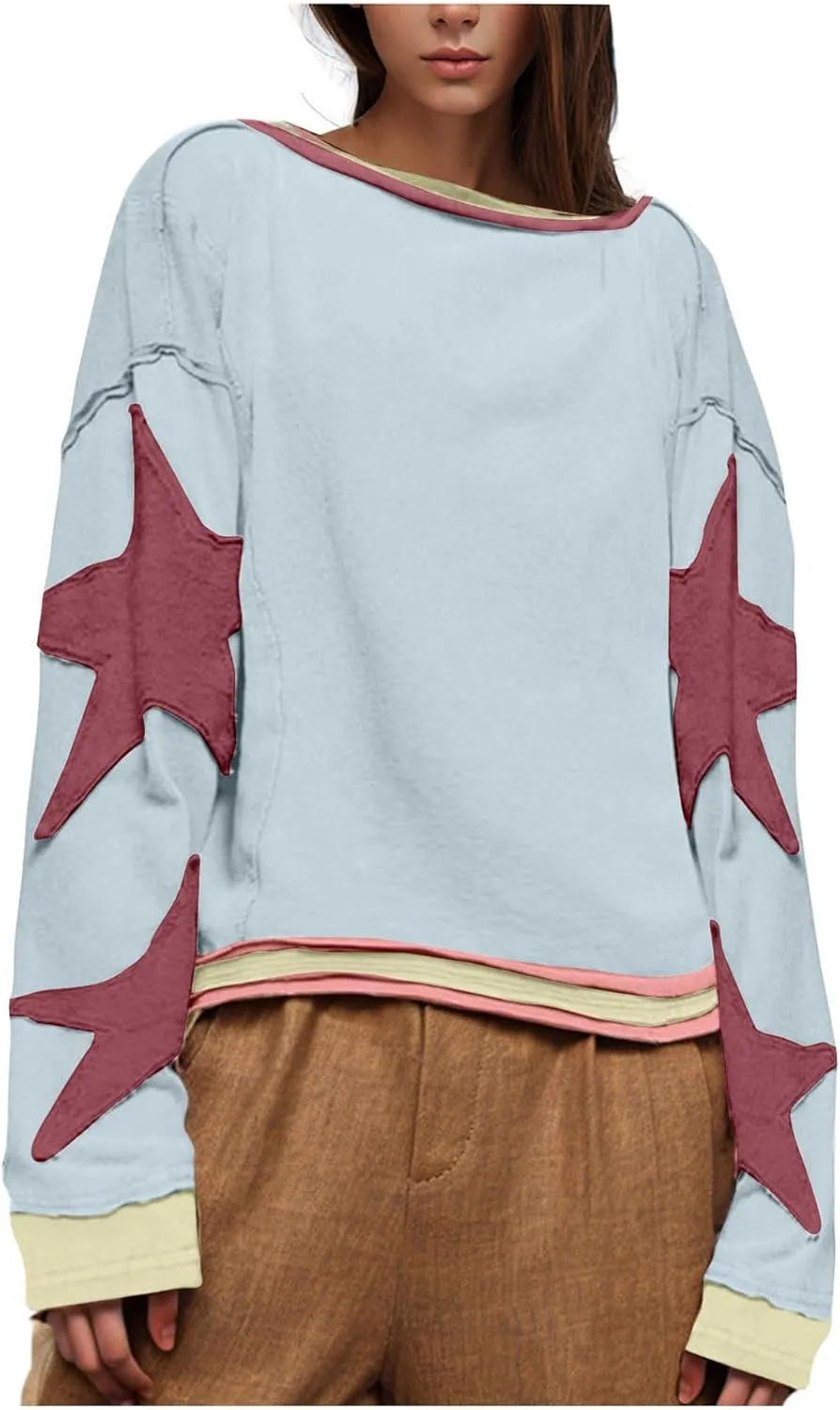 Oversized Sweatshirt for Women Lantern Sleeve Star Pullover Crewneck Corded Shirts Fashion Fall Outfits Trendy 2024