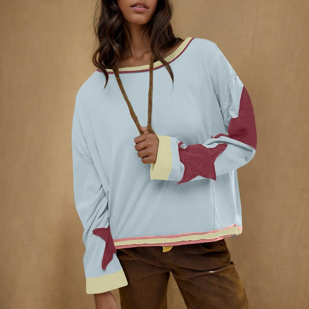 Oversized Sweatshirt for Women Lantern Sleeve Star Pullover Crewneck Corded Shirts Fashion Fall Outfits Trendy 2024