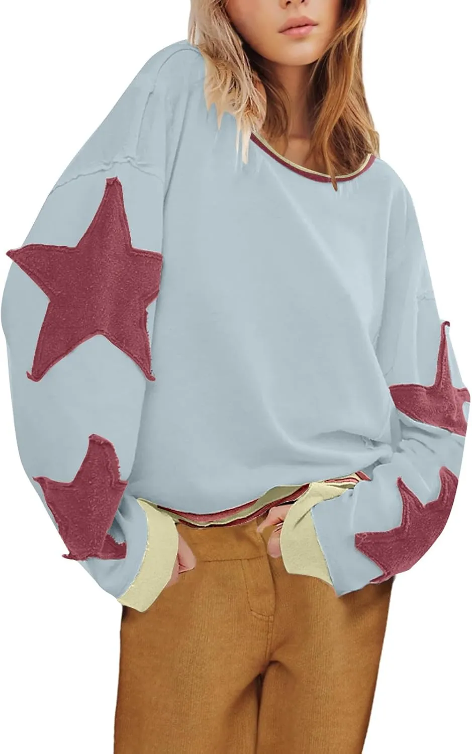 Oversized Sweatshirt for Women Lantern Sleeve Star Pullover Crewneck Corded Shirts Fashion Fall Outfits Trendy 2024