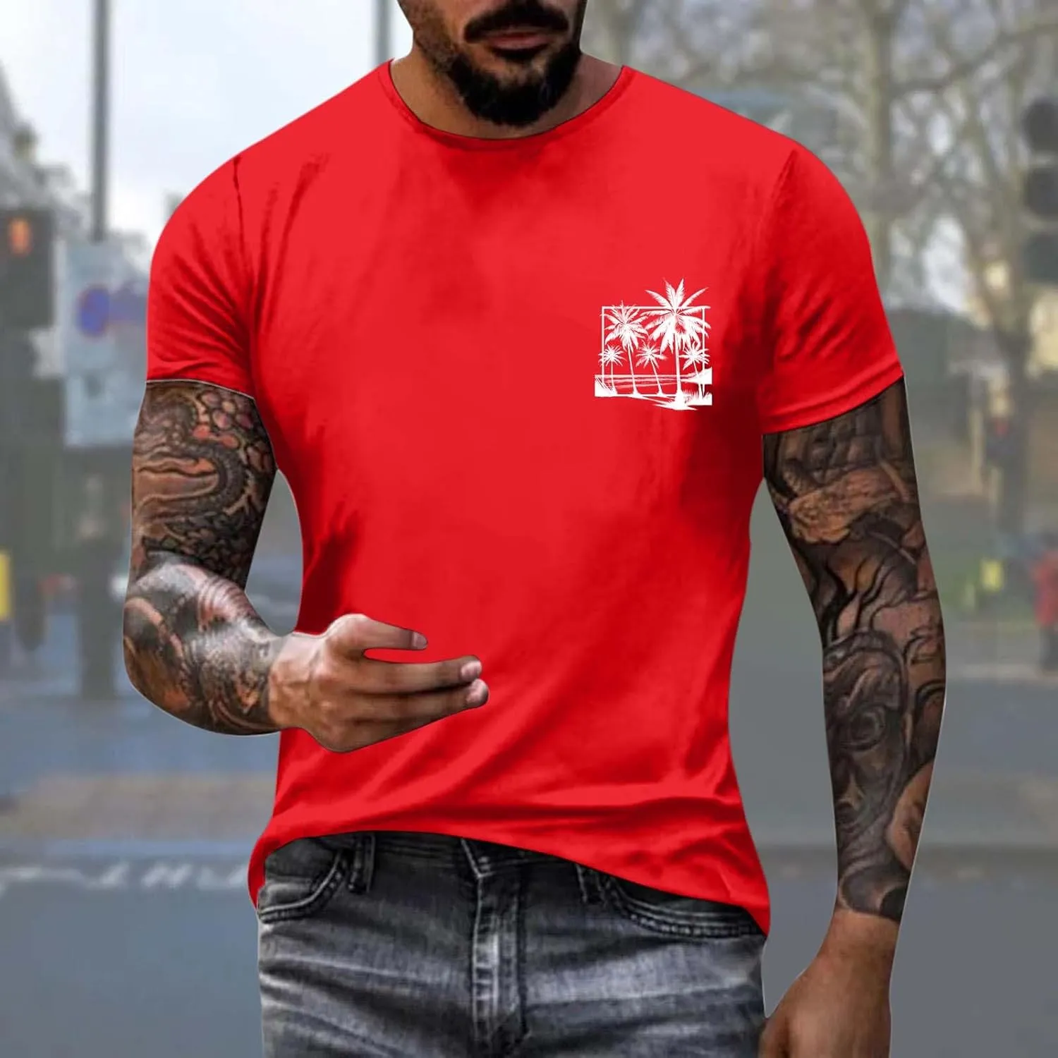 Oversized Tshirts for Men Y2K Palm Tree Letter Graphic Work Shirt Casual Crewneck Short Sleeve Breathable Tee Tops