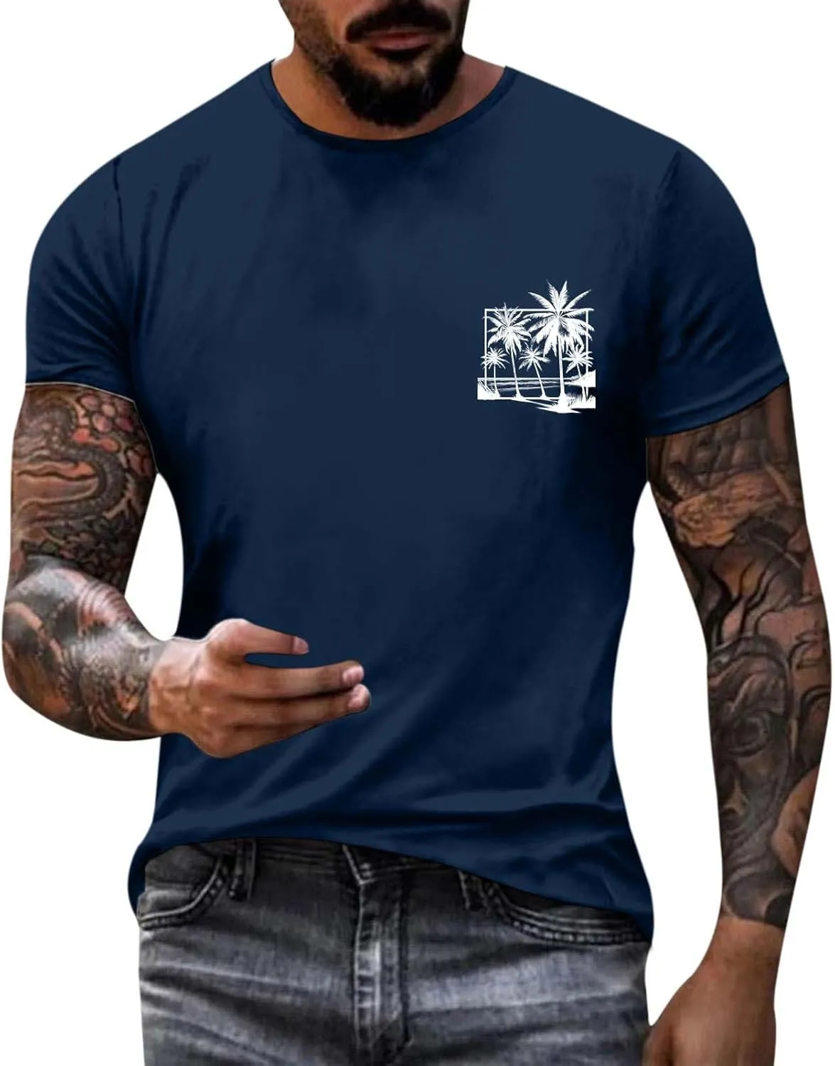 Oversized Tshirts for Men Y2K Palm Tree Letter Graphic Work Shirt Casual Crewneck Short Sleeve Breathable Tee Tops