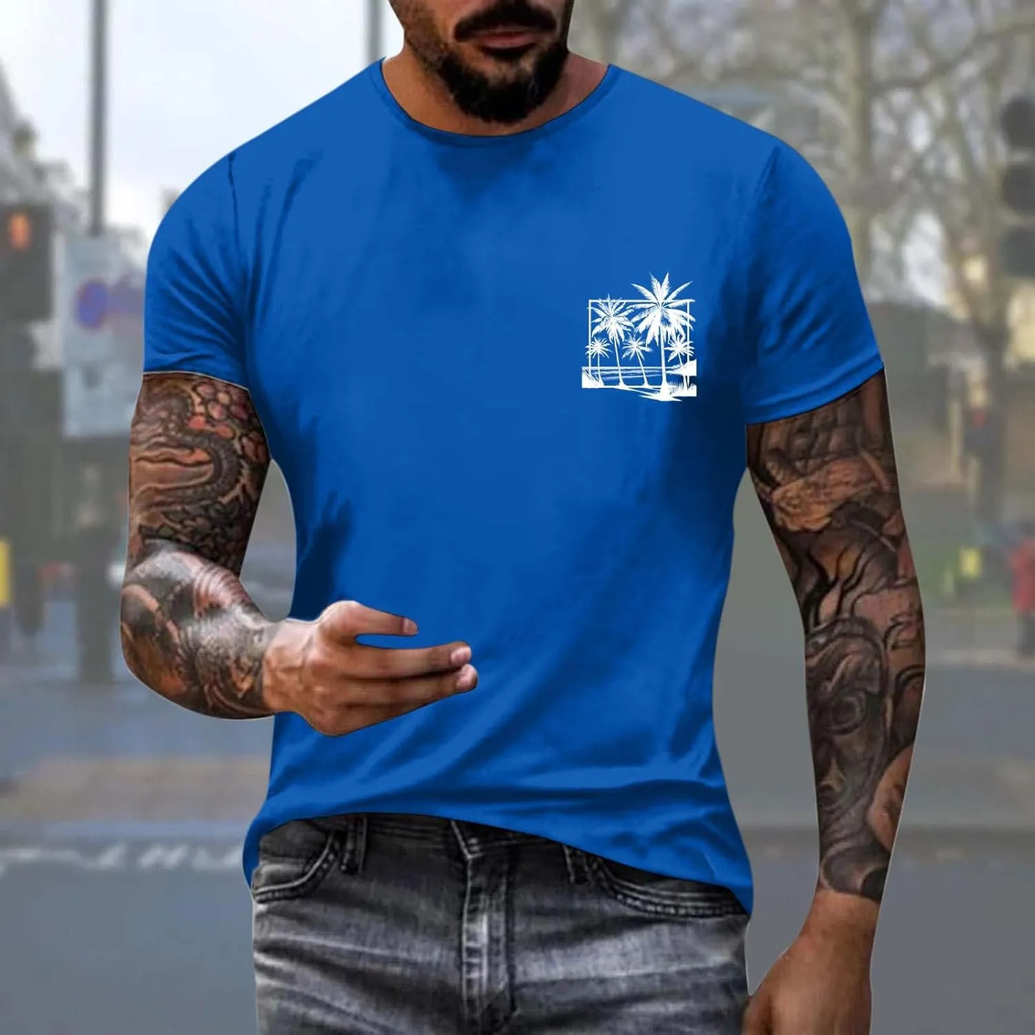 Oversized Tshirts for Men Y2K Palm Tree Letter Graphic Work Shirt Casual Crewneck Short Sleeve Breathable Tee Tops