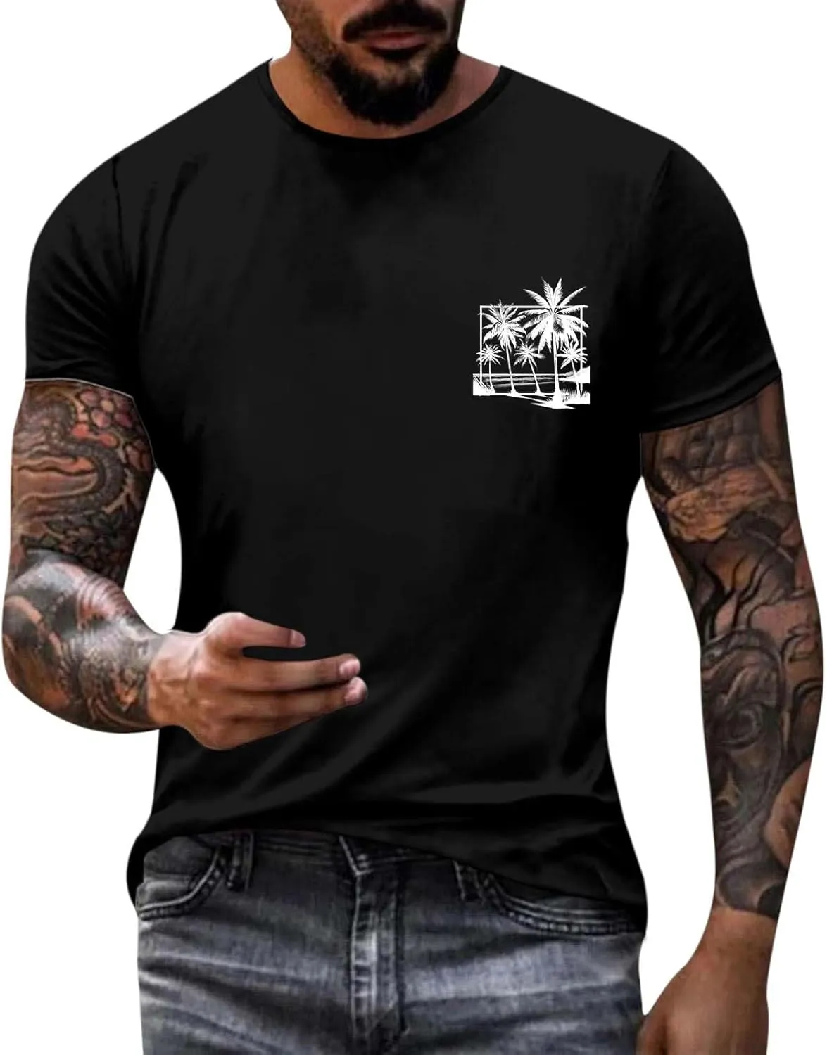 Oversized Tshirts for Men Y2K Palm Tree Letter Graphic Work Shirt Casual Crewneck Short Sleeve Breathable Tee Tops