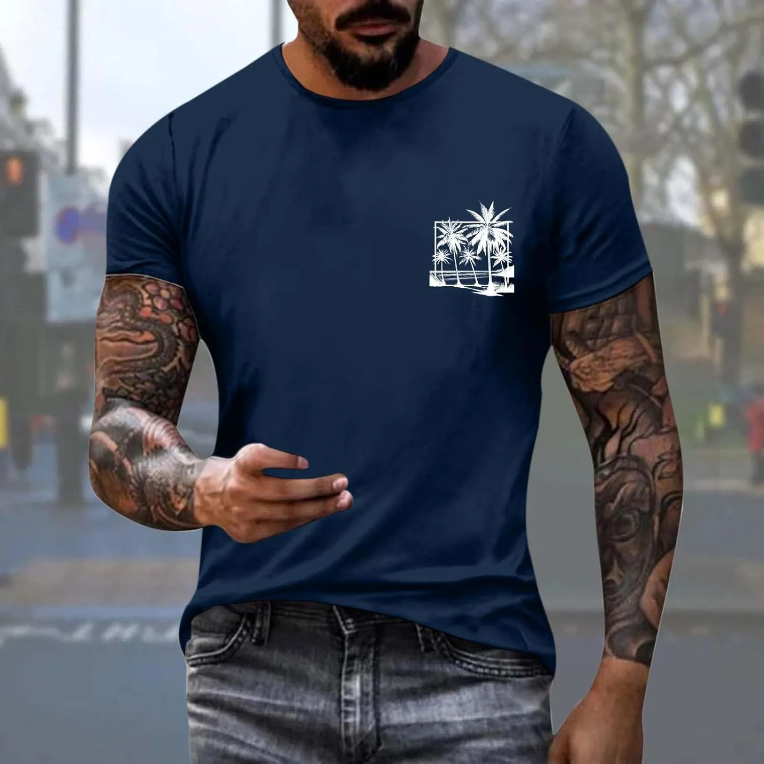 Oversized Tshirts for Men Y2K Palm Tree Letter Graphic Work Shirt Casual Crewneck Short Sleeve Breathable Tee Tops