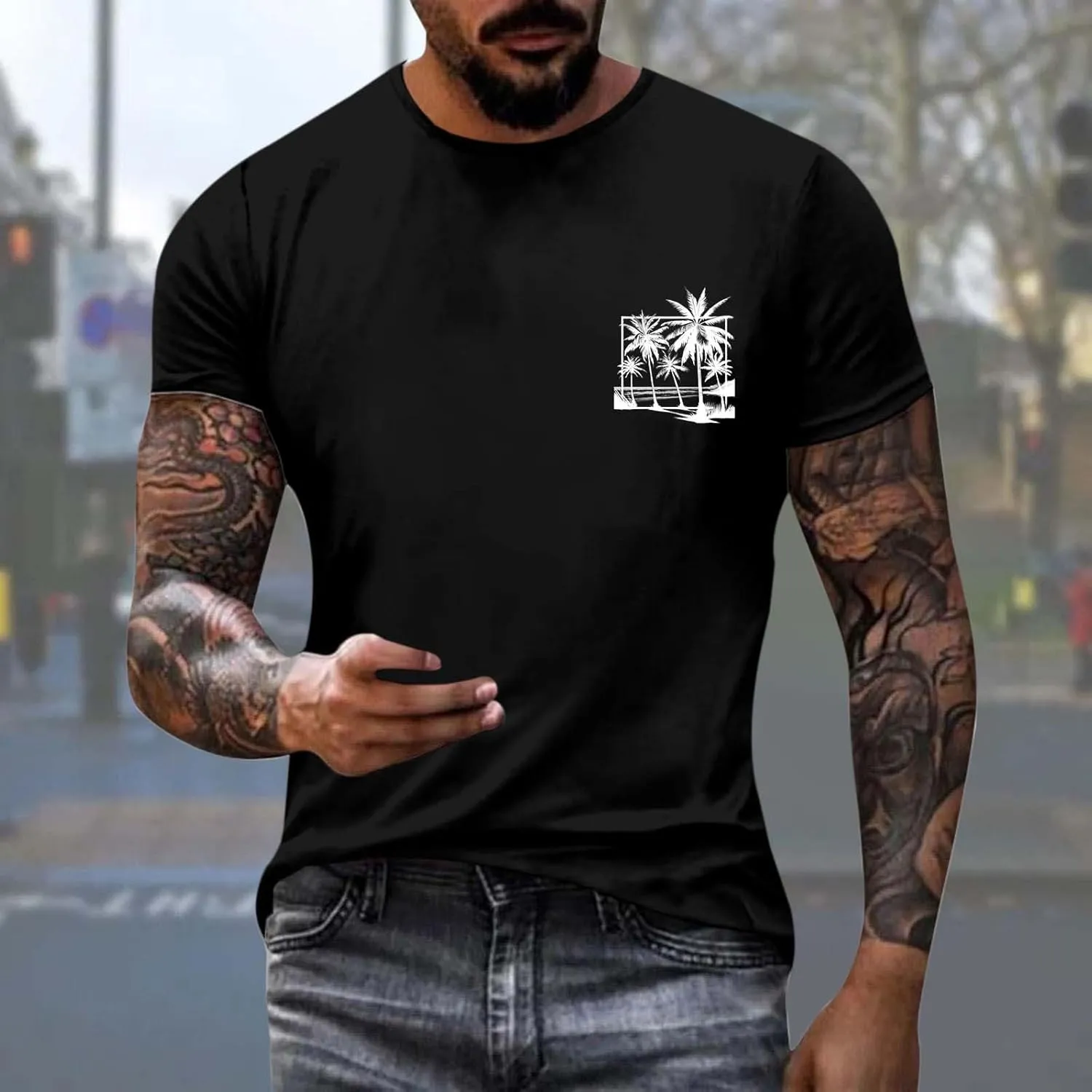 Oversized Tshirts for Men Y2K Palm Tree Letter Graphic Work Shirt Casual Crewneck Short Sleeve Breathable Tee Tops