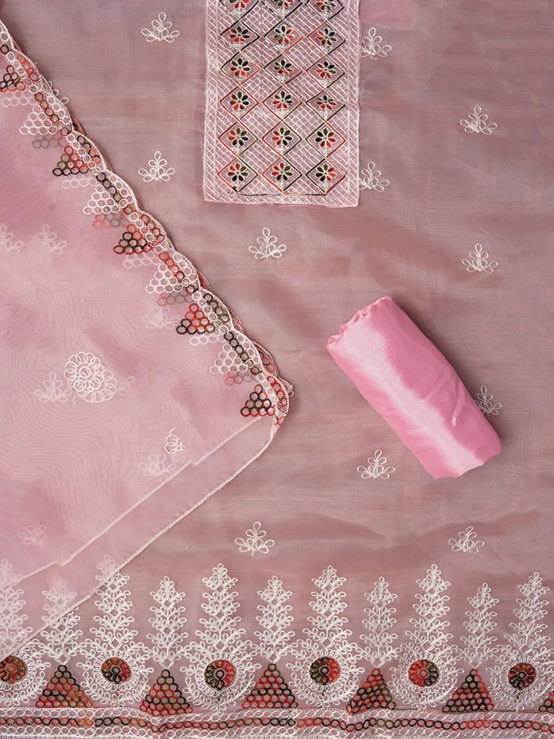 Pink Zari Embroidered Organza Dress Material with Dupatta