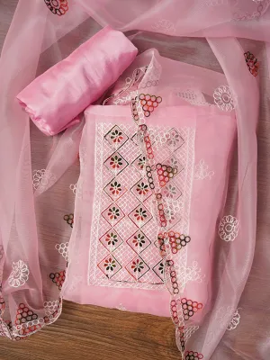 Pink Zari Embroidered Organza Dress Material with Dupatta